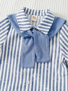 Cozy Pixies 3pcs Baby Boy Set: Solid Color Shawl Collar Striped Short Sleeve Cardigan Shirt And Elastic Waist Shorts - Blue - View 4