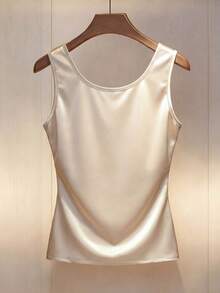 Franclia Áo sơ mi nữ thời trang, thanh lịch, thường ngày, không tay, cổ tròn, chất liệu satin đính ngọc trai. - Màu be - Xem 2