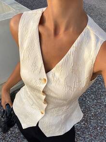 DAZY Women's Sleeveless V-Neck Solid Color Textured Fabric Tie-Waist Split Hem Lightweight Summer Vest Jacket Vacation School - Apricot - View 6
