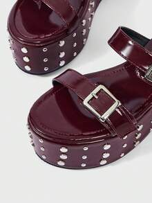 Sugerpunk Ladies, Spike Buckles, Lame-Heeled Platform Sandals. - Burgundy - View 2