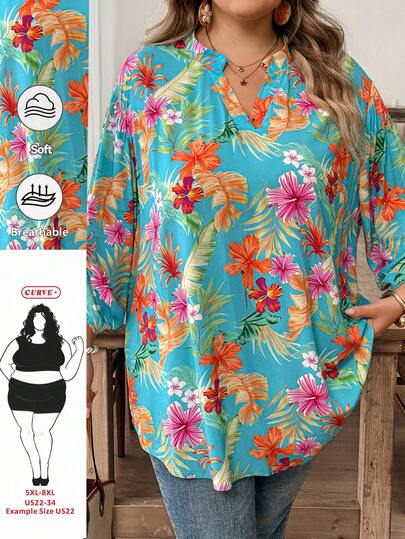 SHEIN CURVE+ 大码绿色树叶印花度假沙滩衬衫