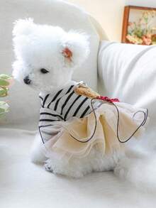 PETSIN 1件刺绣可爱泰迪熊图案条纹宠物蓬蓬裙，猫狗通用服装，公主风薄款套头连衣裙 - 黑白條紋 - 查看 6