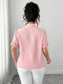 Elenzga Plus Size Women Pink Blouse, Ruffled Collar, Cuffs, Hem With Tie Waist, Fashionable Casual Romantic Commute Everyday Versatile, Spring/Summer - Dusty Pink - View 3