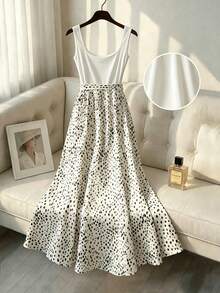 Franclia 夏季新款简约纯黑色无袖背心搭配高腰渐变波点长裙，显瘦拉长身形，适合通勤、约会、休闲场合，弹性腰带搭配同色腰带，轻盈面料，甜美成熟风百搭长裙 - 彩色 - 查看 2