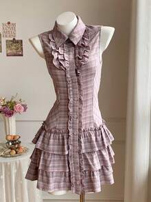 Comfortcana Đầm ngắn không tay cài cúc phía trước, họa tiết kẻ caro, viền bèo nhún, phong cách thường ngày, dành cho nữ, mùa hè. - Nhiều màu - Xem 7