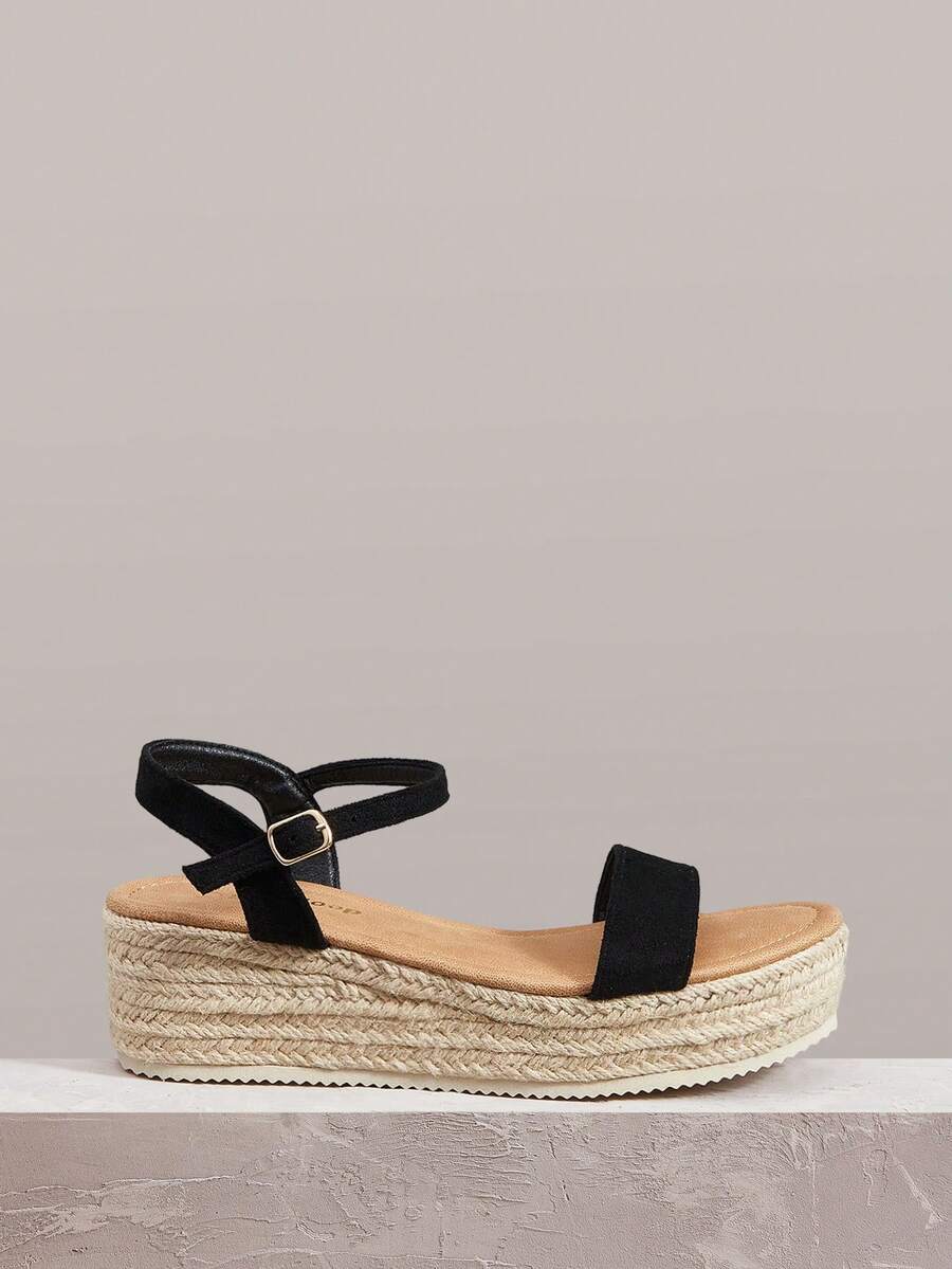 Styleloop Sandalias de cuña de plataforma casual de unicolor tejidas de moda para mujer, estilo bohemio de vacaciones, suela de lona vintage francesa, parte superior de franela, tacón de cuña, correa de tobillo, estilo occidental, ropa para festivales de música, zapatos de primavera y verano, primavera, Pascua - Negro 1 - Ver 1