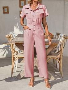 EMERY ROSE Women's Solid Color Front Button Casual Short Sleeve Jumpsuit, Spring/Summer - Pink - View 4