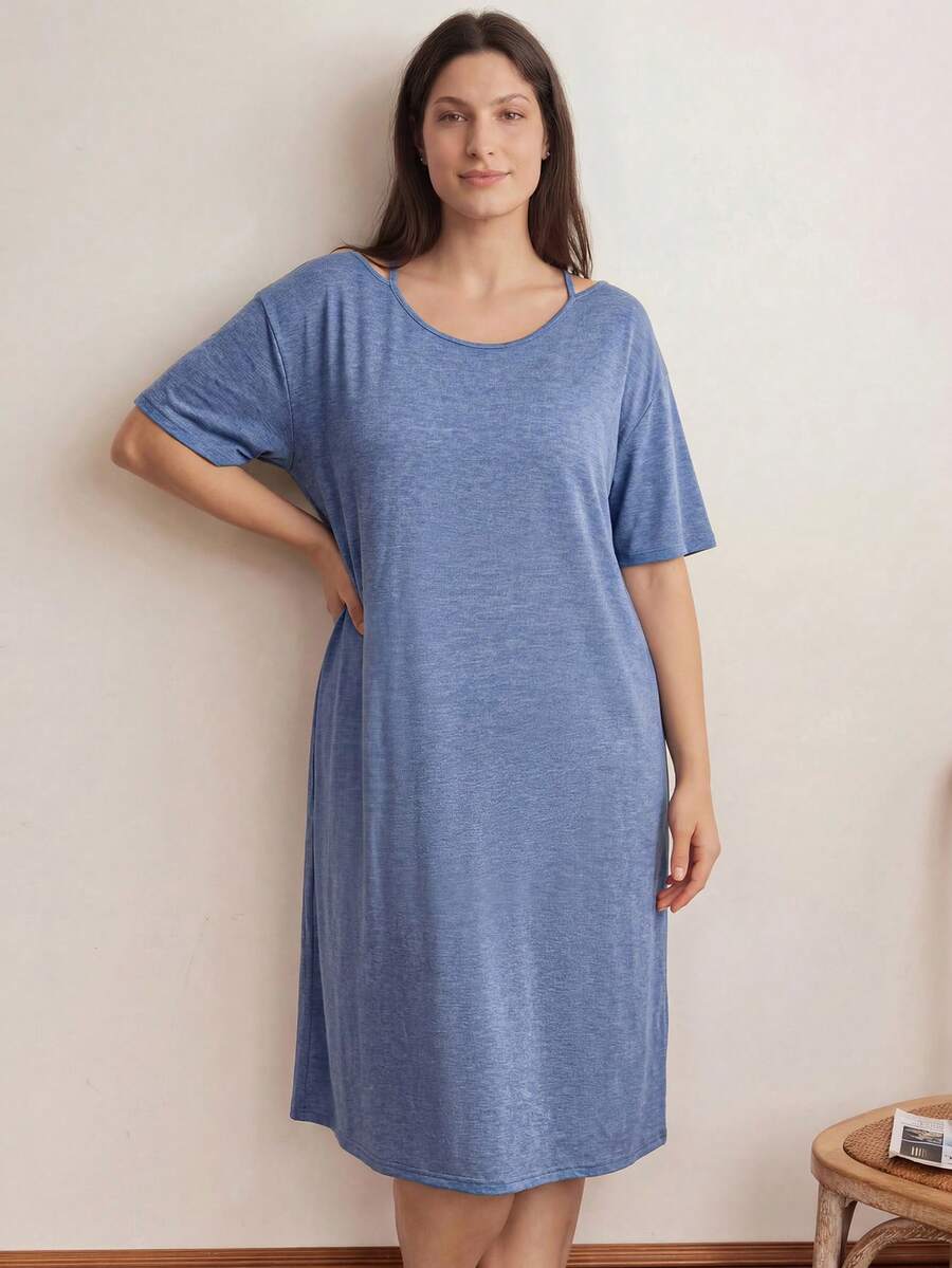 Doze Lane Casual Minimalist Off-Shoulder Soft & Comfortable Plus Size Nightgown - Dusty Blue - View 1