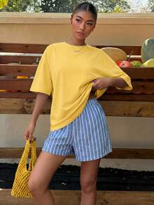 Women's Oversized T-Shirt With Pink And Red Striped Slogan Print, Casual Summer Holiday Style, Loose Fit, Round Neck, Short Sleeve, Comfortable - 黃色 - 查看 7