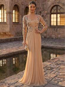 Serin Elegante y lujoso vestido de fiesta con aplicaciones de encaje con cuentas, empalme de malla elástica de punto, volantes y mangas transparentes, adecuado para bodas, fiestas, vacaciones, novia, madre de la novia - Champán - Ver 8