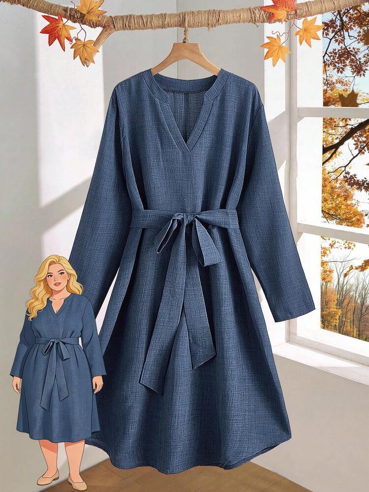 Plus Size Women Fall /Winter  Contry Casual Vacation Long Sleeve Blue Belted Dress, Autumn/Winter,Going Out Outfits,2025 New Clothes,Dresses Casual,Flowy Dress, Dusty Blue Elegant Dress, Tie Waist Dress, Long Sleeve Blue Dress, Winter Dress,Simple And Fashionable For Everyday Wear,Flowy Dress
