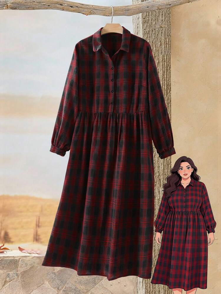 プラスサイズ レディース チェック柄 長袖 ボタンダウン カジュアルシャツワンピース 秋冬 レディースウェア