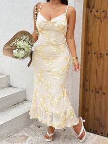 SHEIN PETITE CURVE Plus Size Women's Brown, Summer, Bridal Elegant, Wedding Low Cut Mermaid Dress, Luxurious Embroidery, Parties, Vacations, Dates - Apricot - View 5