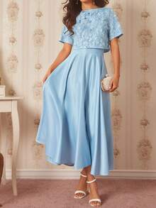 Amorya Bộ 2 món gồm áo tay ngắn và chân váy chữ A bằng satin màu xanh dương thanh lịch, lãng mạn, thêu hạt cườm 3D, thích hợp cho khách dự đám cưới, hẹn hò, sinh nhật, tiệc tùng và nhiều dịp khác. - Nhiều màu - Xem 8