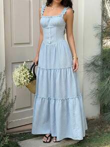 Sunnyshic 女士黑色波点宽松腰A字连衣裙，休闲百搭时尚外出约会海滩度假装，春秋季 - 藍色 - 查看 6