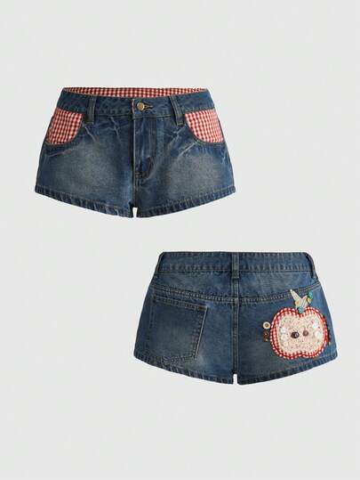 ROMWE Kawaii Vintage Cute Plaid Apple Embroidered Super Low Waist Mini Denim Shorts