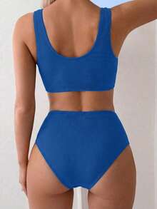 Swim Basics 女士沙滩度假纹理面料交叉褶皱设计泳装套装 - 藍色 - 查看 2