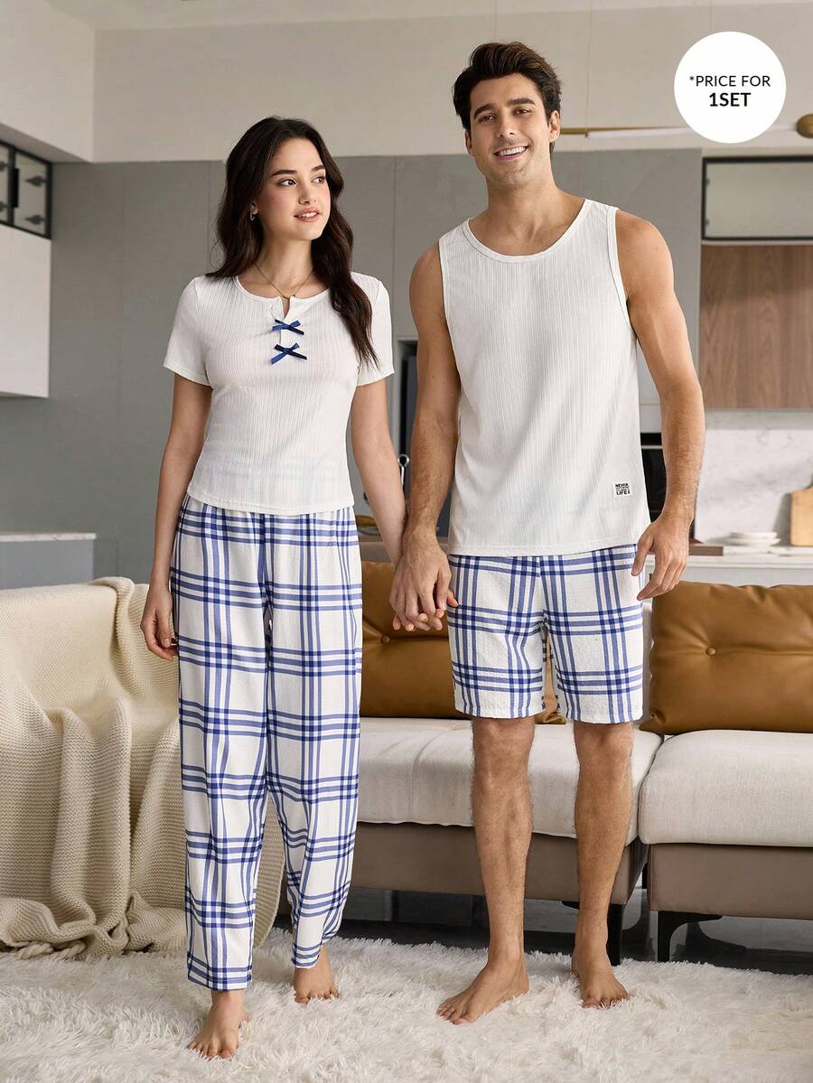 CoupledUp 男士罗纹背心和格子裤睡衣套装，简约纹理设计 - 白色 - 查看 1