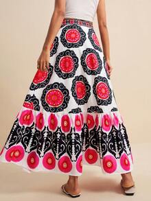 LOTSLUV Chân váy nữ phong cách Bohemian, họa tiết totem, cạp xoắn, xẻ tà cao, thích hợp cho kỳ nghỉ xuân/hè. - Nhiều màu - Xem 2