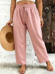 SHEIN VCAY 大码女式纯色荷叶边腰带阔腿宽松裤 - 粉色 - 查看 3