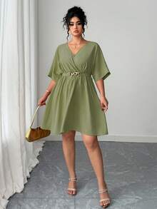 Elenzga Đầm dạ hội ngắn màu đỏ thanh lịch dành cho nữ, cổ chữ V, thắt eo, thích hợp cho mùa hè. - Màu xanh Ô liu - Xem 4