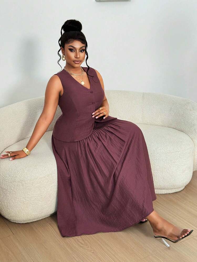 Dazy Plus Elegant Plus Size Women's Sleeveless V-Neck Tie-Waist Top And Pleated Long Skirt Two Pieces Set, Casual Commuter Spring/Summer Lounge Sets For Women