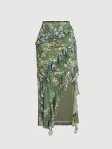 SHEIN MOD Chân váy chữ A nữ in hoa, xếp ly, kiểu dáng thường ngày, đa năng, thích hợp cho hẹn hò và đi chơi. - màu xanh lá - Xem 3