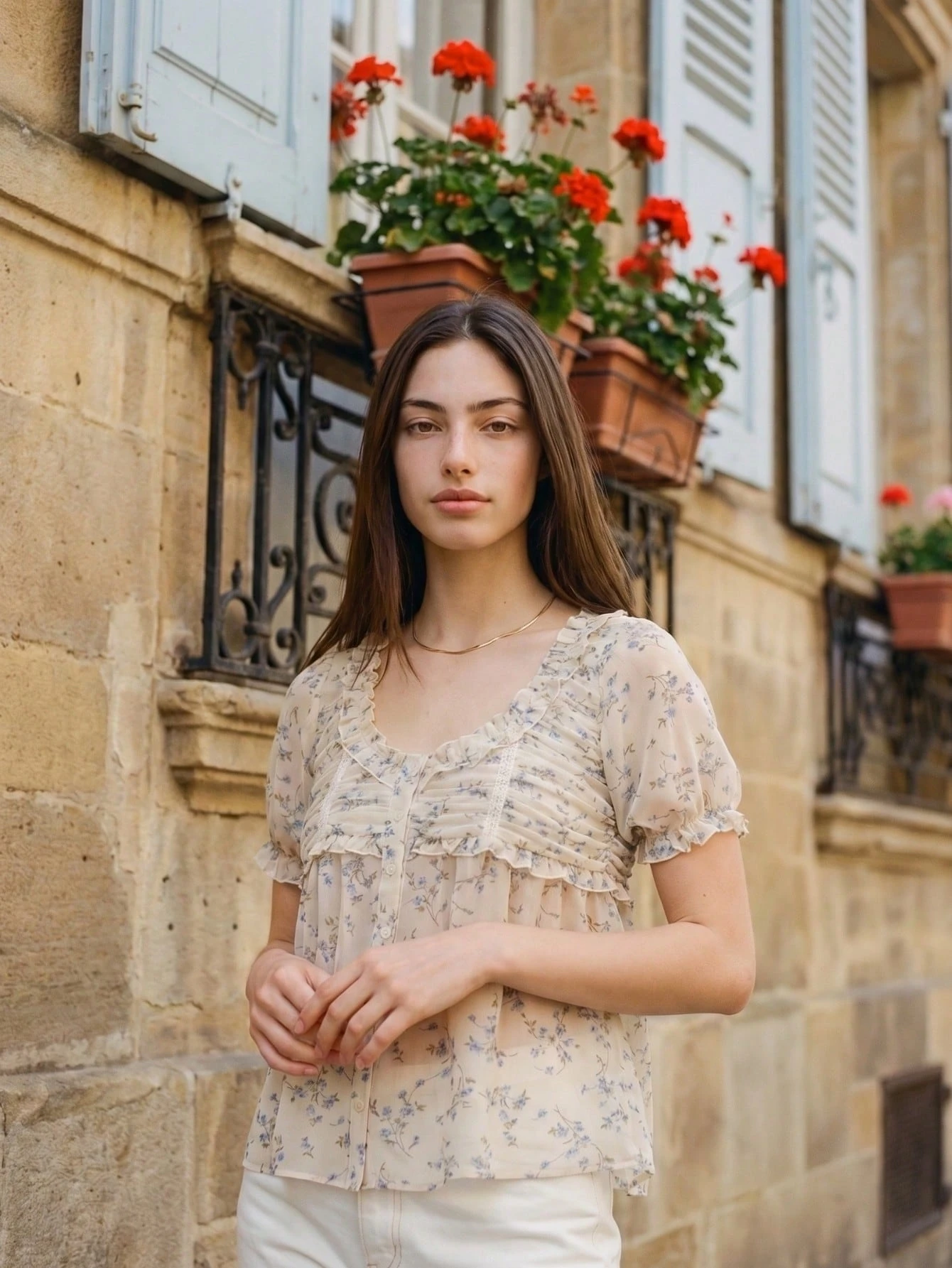 Vintage Romantic Cream Ruffled Button Front Blouse With Blue Floral Print And Lace Details Cute Top Spring Summer French Style Parisian Style Vintage Top Going Out Summer Flower Top Flowy Top French Style Women's Top Elegant Chiffon Blouse New Arrival Women Floral Blouse Spring Summer Floral Top Fleurora Floral Summer Top