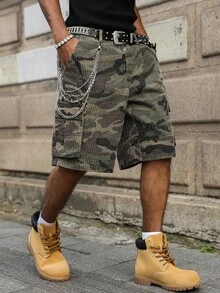 Manfinity EMRG Quần short denim cargo nam kiểu dáng casual, nhiều túi, họa tiết rằn ri, chất liệu móc len, phong cách đường phố. - xanh quân đội - Xem 5