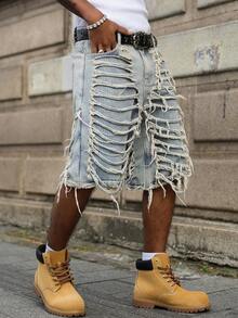 Manfinity EMRG Quần short denim nam màu xanh dương, kiểu dáng thường ngày, kẻ sọc, rách gấu. - Rửa nhẹ - Xem 8