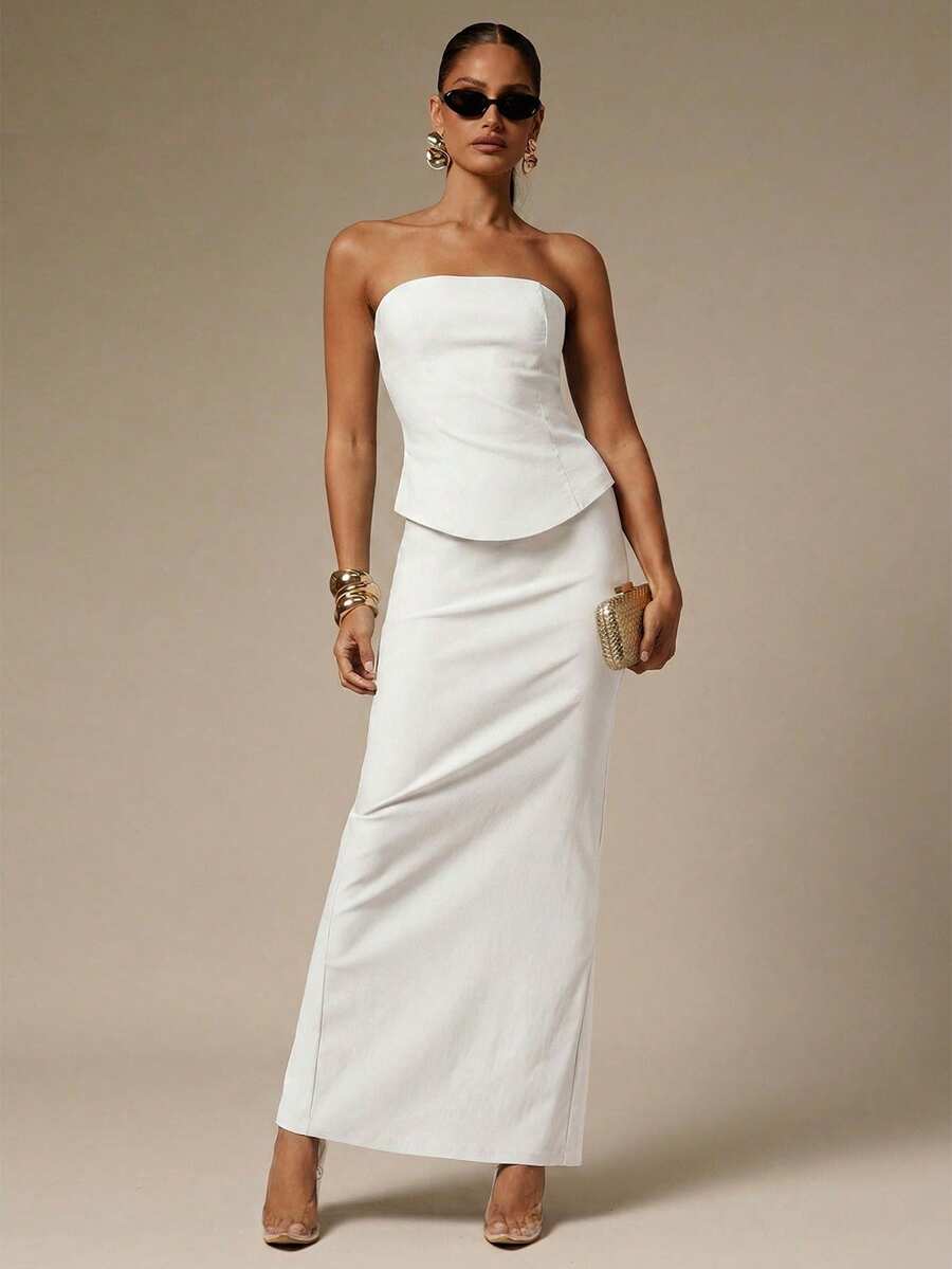 Silquee Women's Solid Color Minimalist Daily Wear Bandeau Top And Skirt 2-Piece Set - White - View 1