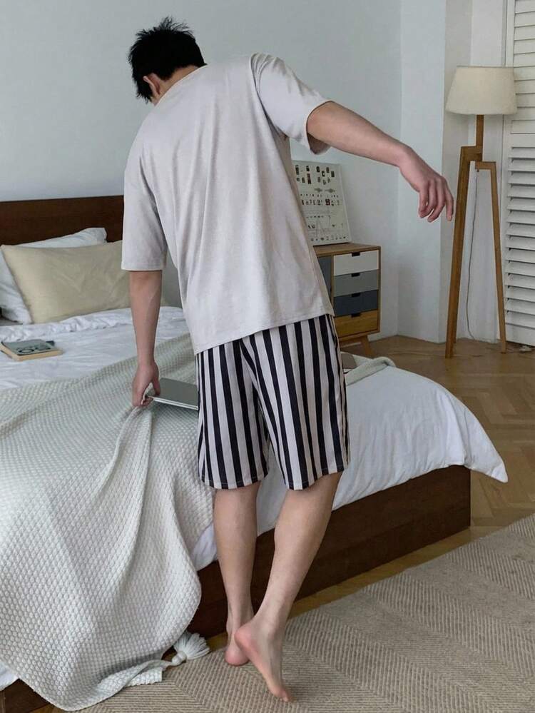 Men's Letter Embroidered Short Sleeve & Shorts Pajama Set, Summer