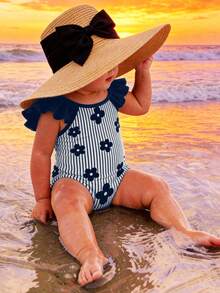 SHEIN Baby Girls' Casual Minimalist Fitted One-Piece Swimsuit, Suitable For Summer - Multicolor - View 1