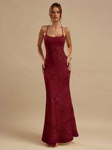 SHEIN BAE 纯黄色提花露背系带修身连衣裙，优雅大方，适合早午餐、婚礼宾客、鸡尾酒会、海滩度假等场合。 - 酒紅色 - 查看 5