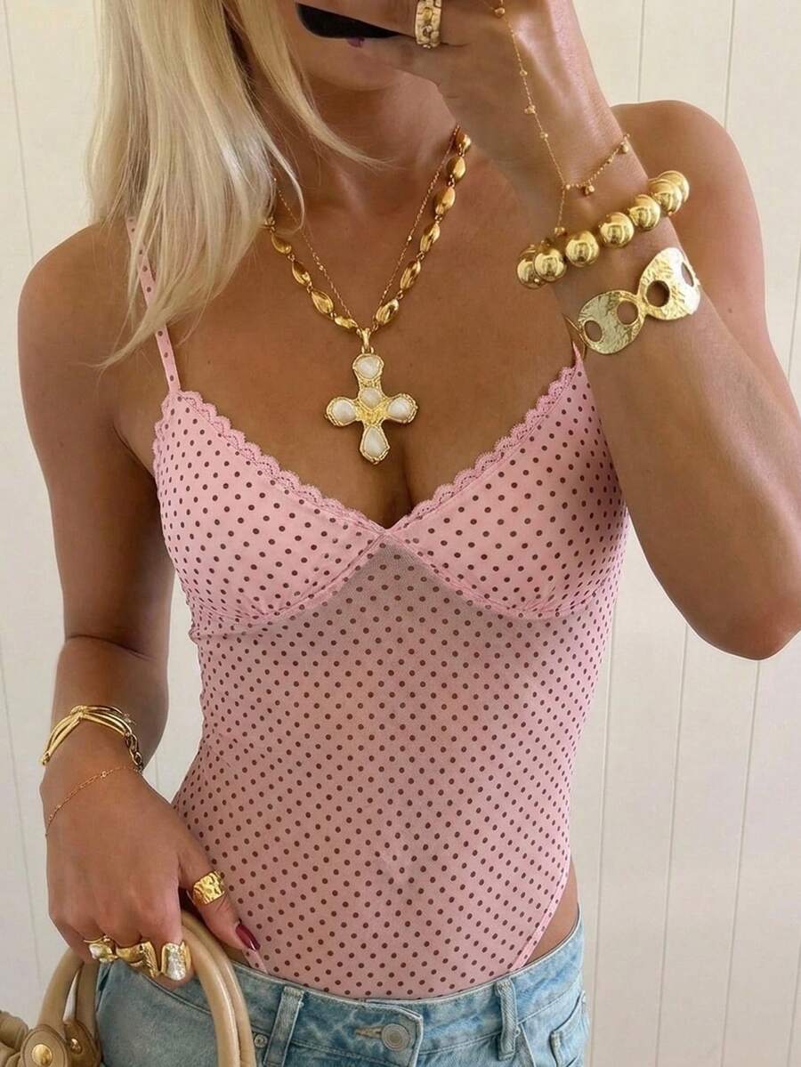 SHEIN EZwear Pink & Brown Polka Dot Mesh Camisole - Pink - View 1