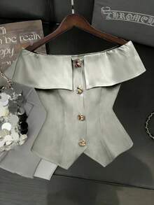 SHEIN Franclia 女士红色露肩上衣，饰有金色玫瑰纽扣，修身性感上衣，适合日常通勤、魅力派对、情人节、新年等场合。 - 淺灰色 - 查看 4