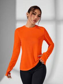 SHEIN Sports 女士时尚圆领露背长袖运动T恤，适合跑步和健身 - 亮橙色 - 查看 4