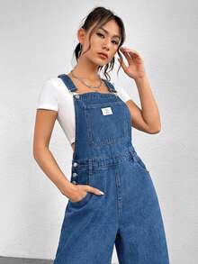 SHEIN EZwear 女士纯色方领无袖宽松口袋时尚牛仔连体裤，夏季 - 中等水洗藍 - 查看 5