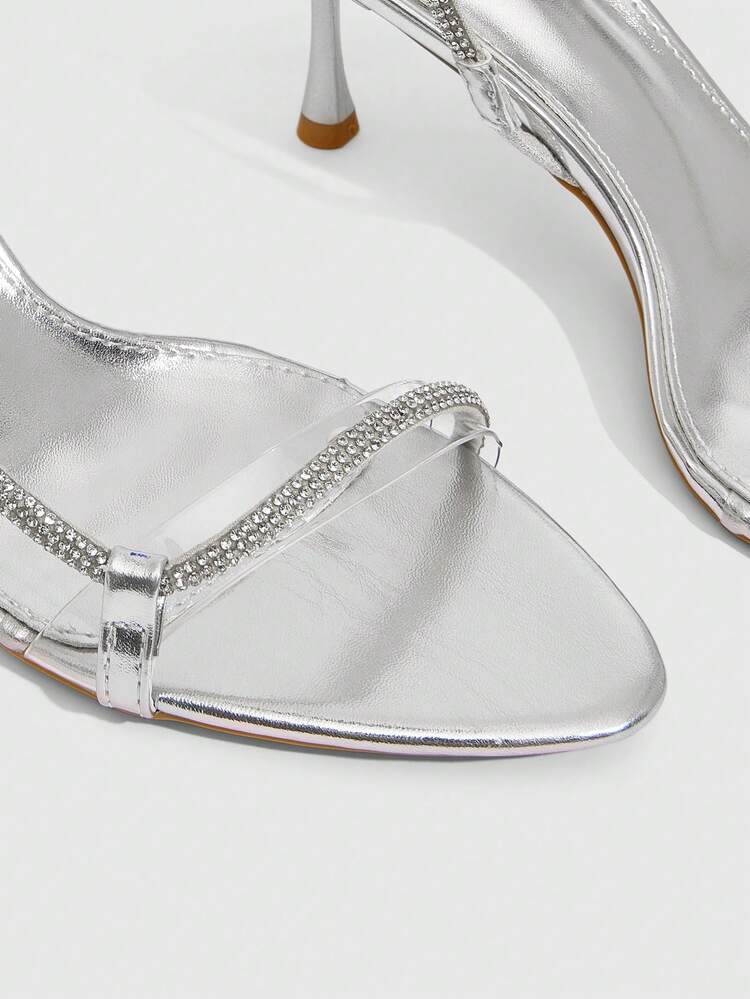 CUCCOO SZL Women Shoes Pointed Slender Heel Silver Rhinestone Strips Back Ankle Strap Open Toe Sexy Fashion Gorgeous Dress Banquet Party Nightclub Women High Heel Sandals
