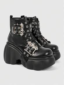 ROMWE Grunge Punk Giày sandal cao gót nữ 2026, bốt cao gót siêu nhỏ, bốt cưỡi ngựa nữ mùa xuân và mùa thu, bốt cao gót kiểu tàu hỏa, bốt da PU chống thấm nước, bốt ngắn có khóa thắt lưng màu tối. - màu đen - Xem 3
