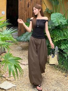 DAZY Quần ống rộng xếp ly cạp chun cho nữ, quần mùa hè thoải mái, thích hợp cho kỳ nghỉ. - Cà phê nâu - Xem 6