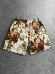 ROMWE MEN Street Life Pantalones cortos con estampado floral, cintura con cordón y bolsillos para hombre - Multicolor - Ver 2