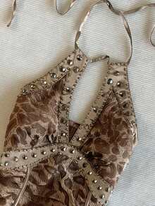 INAWLY Summer Vintage Leopard Print Halter Neck Blouse, Women's Top With Rhinestone And Metal Rivet Decor - Multicolor - View 3
