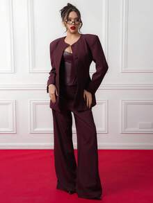 Criza Taa 2pcs Women's Minimalist Solid Color Single-Breasted Blazer And Pants Suit Set, Office/Commute,Fall,Fall Clothes For Women - Burgundy - View 1