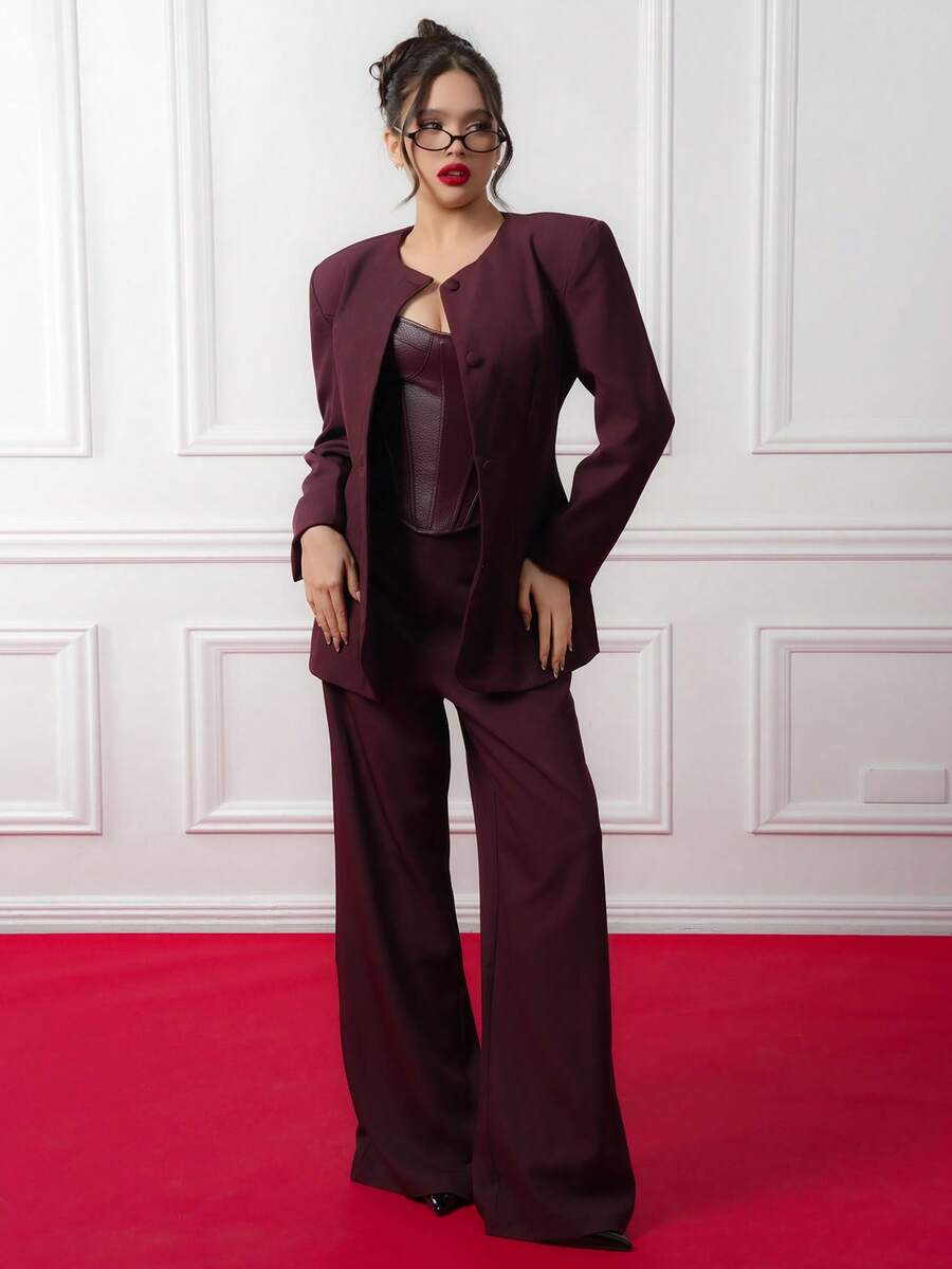 Criza Taa 2pcs Women's Minimalist Solid Color Single-Breasted Blazer And Pants Suit Set, Office/Commute,Fall,Fall Clothes For Women - Burgundy - View 1