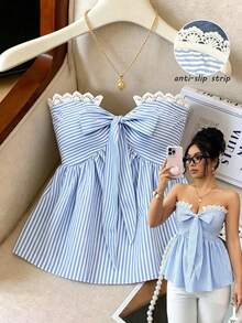 GlowEve 女士休闲条纹蕾丝边系带吊带背心，夏季 - 藍白色 - 查看 1