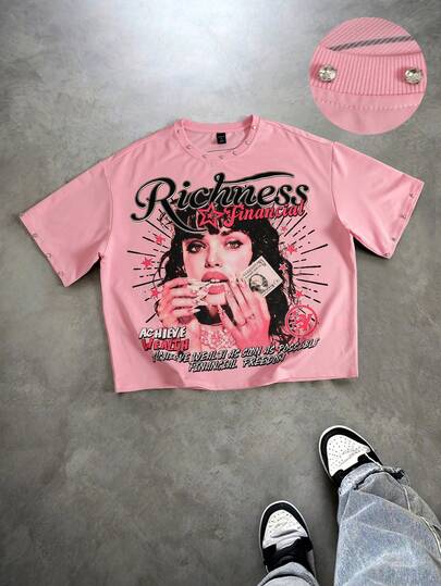 ROMWE MEN Men's Studded Printed Short Sleeve T-Shirt