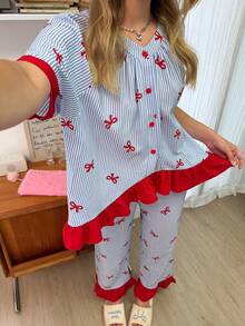 SweetSlumber Women's Contrast Stripe & Bow Print Short Sleeve Top And Long Pants Pajama Set - Blue - View 6