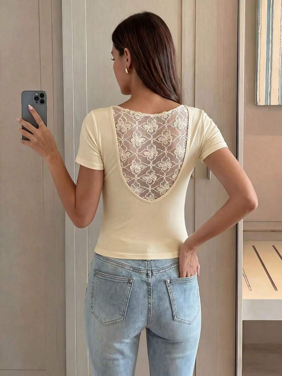 Feyla Women's Contrast Lace Short Sleeve Fitted Fashionable Elegant T-Shirt Date Night Cream White Summer - Apricot - View 1