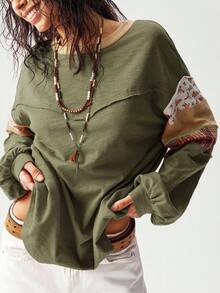 SHEIN BohoFeels Plus Size Women Patchwork Floral Plaid Print Round Neck Drop Shoulder Long Sleeve Casual Loose T-Shirt/Winter - Army Green - View 7